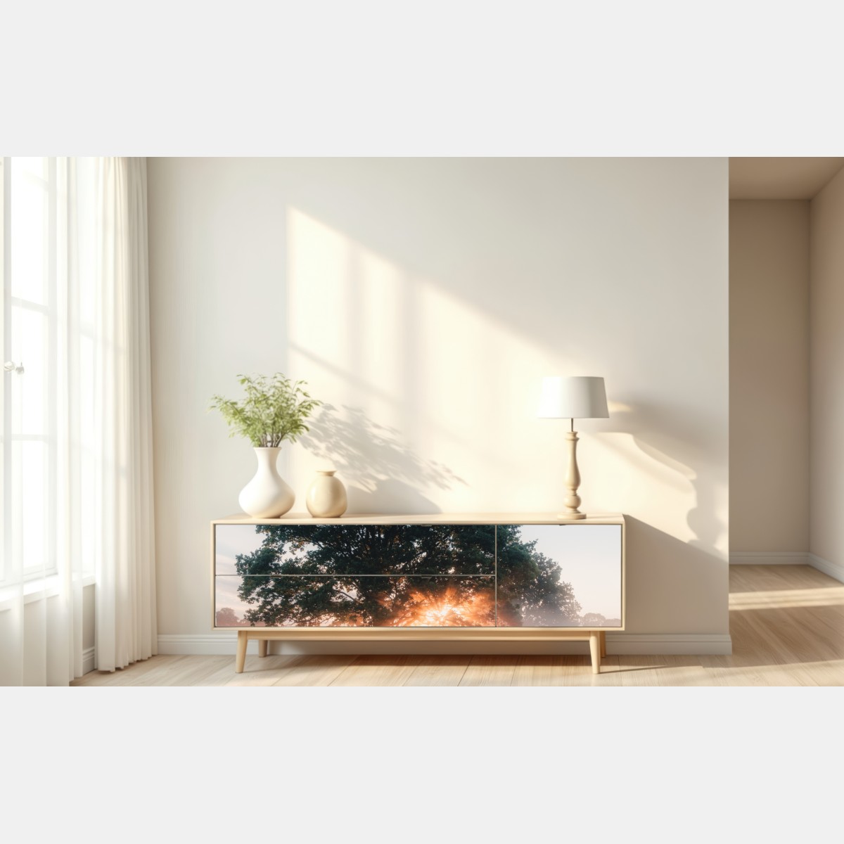 Repositionierbarer Aufkleber nebeliger sonnenaufgang am eichenbaum – Wallnifity® Repositionierbarer Aufkleber nebeliger sonnenaufgang am eichenbaum – Wallnifity®