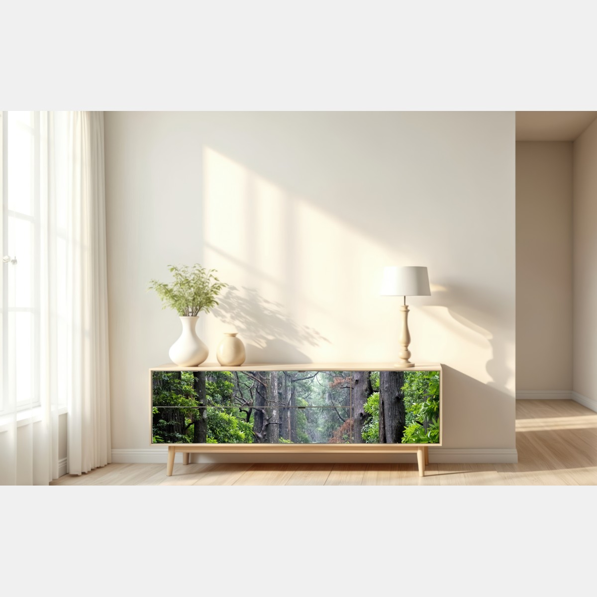 Repositionierbarer Aufkleber mystischer waldweg zwischen alten bäumen – Wallnifity® Repositionierbarer Aufkleber mystischer waldweg zwischen alten bäumen – Wallnifity®