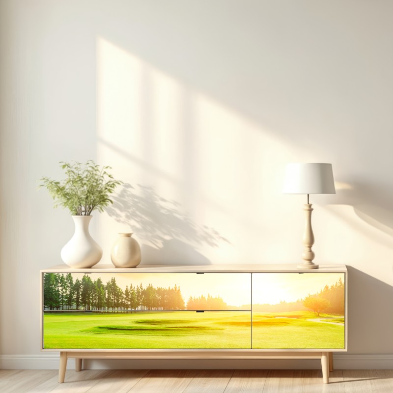 Repositionierbarer Aufkleber sonnenbeschienene wiese und wald bei sonnenaufgang – Wallnifity® Repositionierbarer Aufkleber sonnenbeschienene wiese und wald bei sonnenaufgang – Wallnifity®