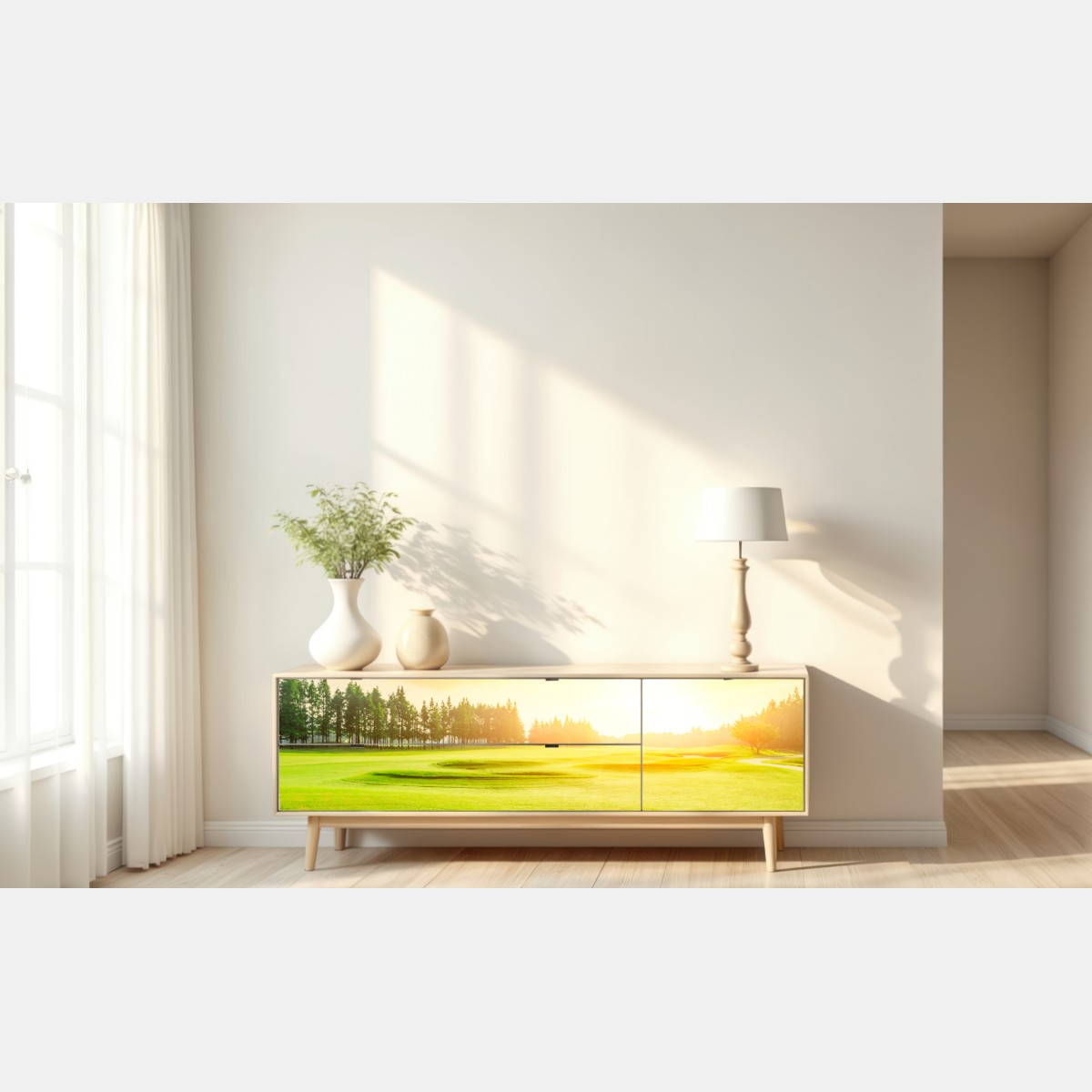 Repositionierbarer Aufkleber sonnenbeschienene wiese und wald bei sonnenaufgang – Wallnifity® Repositionierbarer Aufkleber sonnenbeschienene wiese und wald bei sonnenaufgang – Wallnifity®
