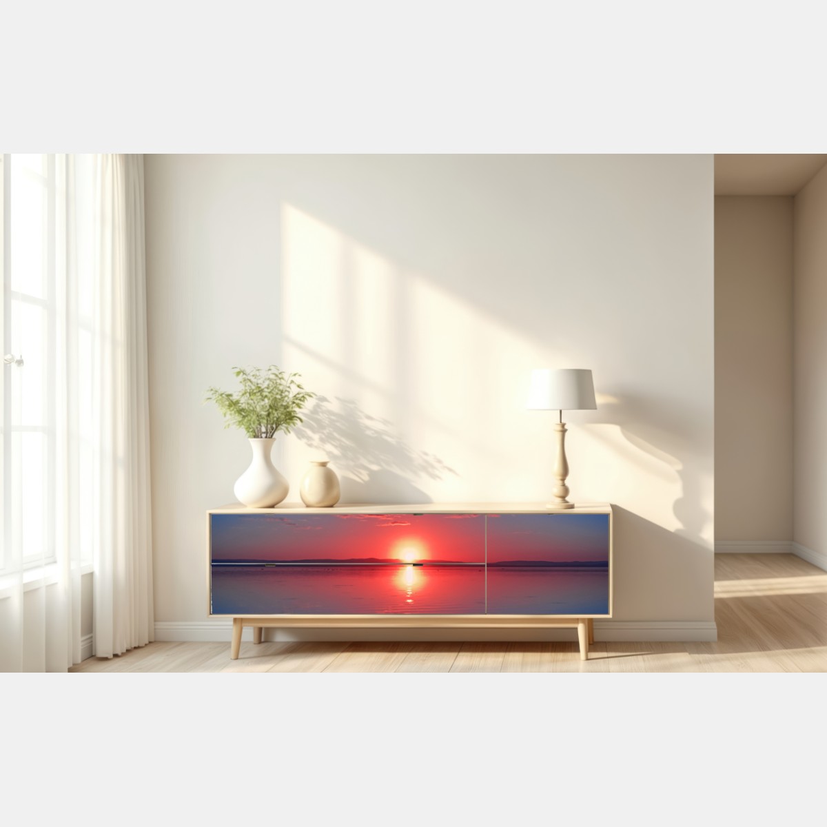 Repositionierbarer Aufkleber sonnenuntergang über ruhigem meer mit lebendiger spiegelung – Wallnifity® Repositionierbarer Aufkleber sonnenuntergang über ruhigem meer mit lebendiger spiegelung – Wallnifity®
