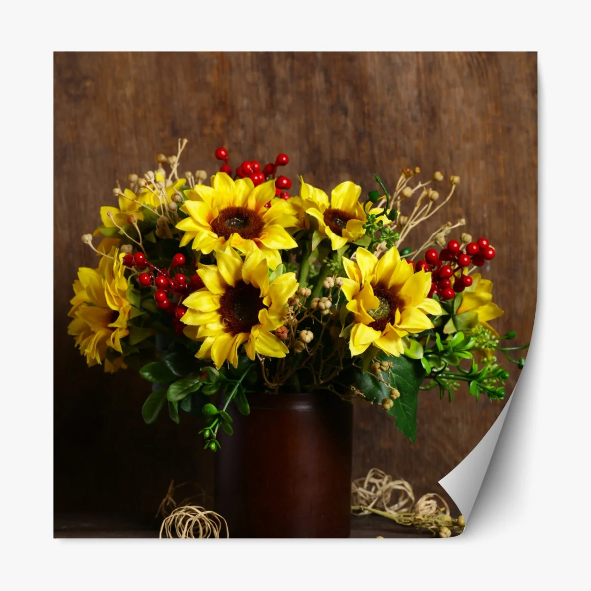 Repositionierbarer Aufkleber herbstlicher sonnenblumenstrauß vor holzhintergrund – Wallnifity® Repositionierbarer Aufkleber herbstlicher sonnenblumenstrauß vor holzhintergrund – Wallnifity®