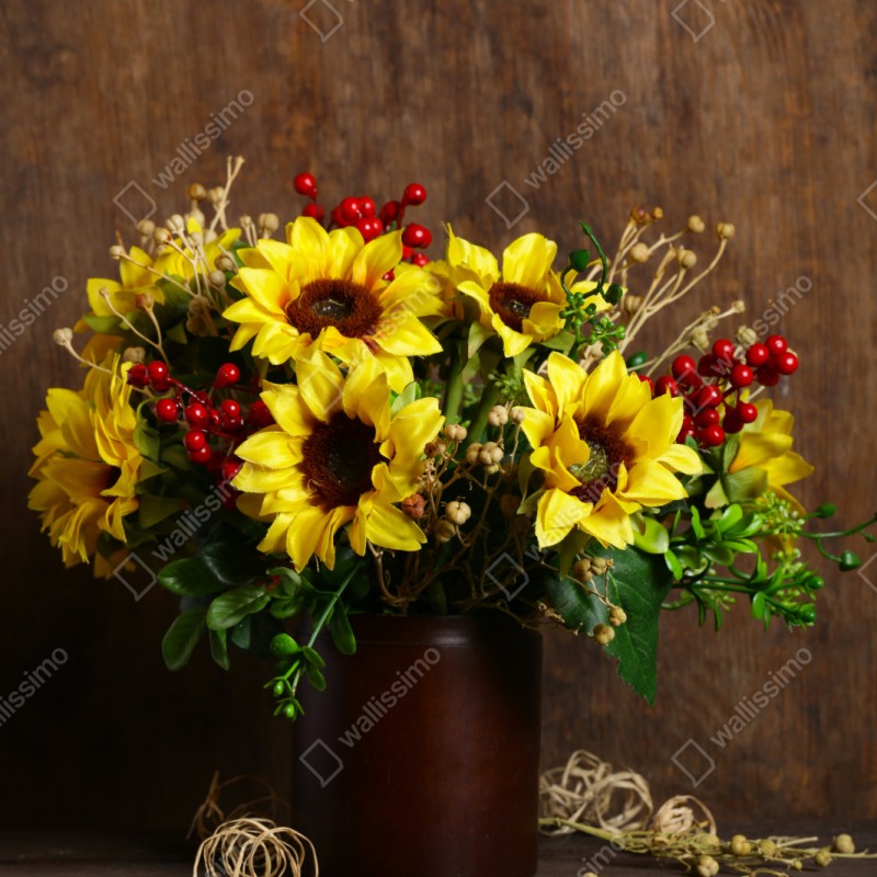Repositionierbarer Aufkleber herbstlicher sonnenblumenstrauß vor holzhintergrund – Wallnifity® Repositionierbarer Aufkleber herbstlicher sonnenblumenstrauß vor holzhintergrund – Wallnifity®
