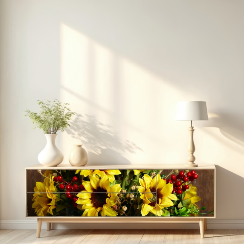 Repositionierbarer Aufkleber herbstlicher sonnenblumenstrauß vor holzhintergrund – Wallnifity® Repositionierbarer Aufkleber herbstlicher sonnenblumenstrauß vor holzhintergrund – Wallnifity®