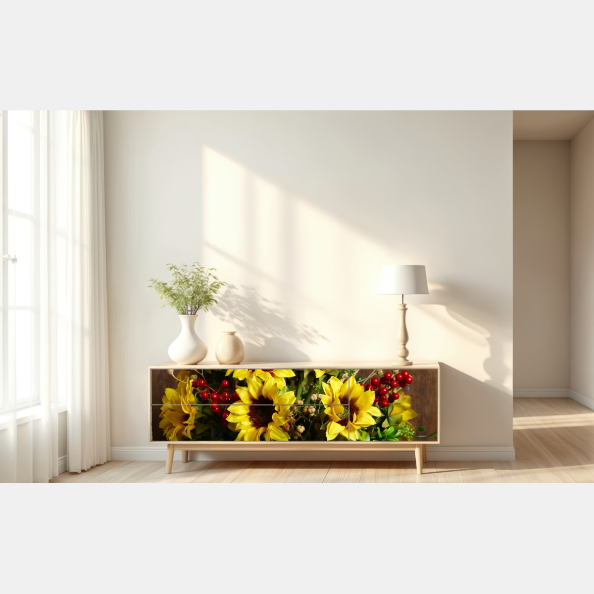 Repositionierbarer Aufkleber herbstlicher sonnenblumenstrauß vor holzhintergrund – Wallnifity® Repositionierbarer Aufkleber herbstlicher sonnenblumenstrauß vor holzhintergrund – Wallnifity®