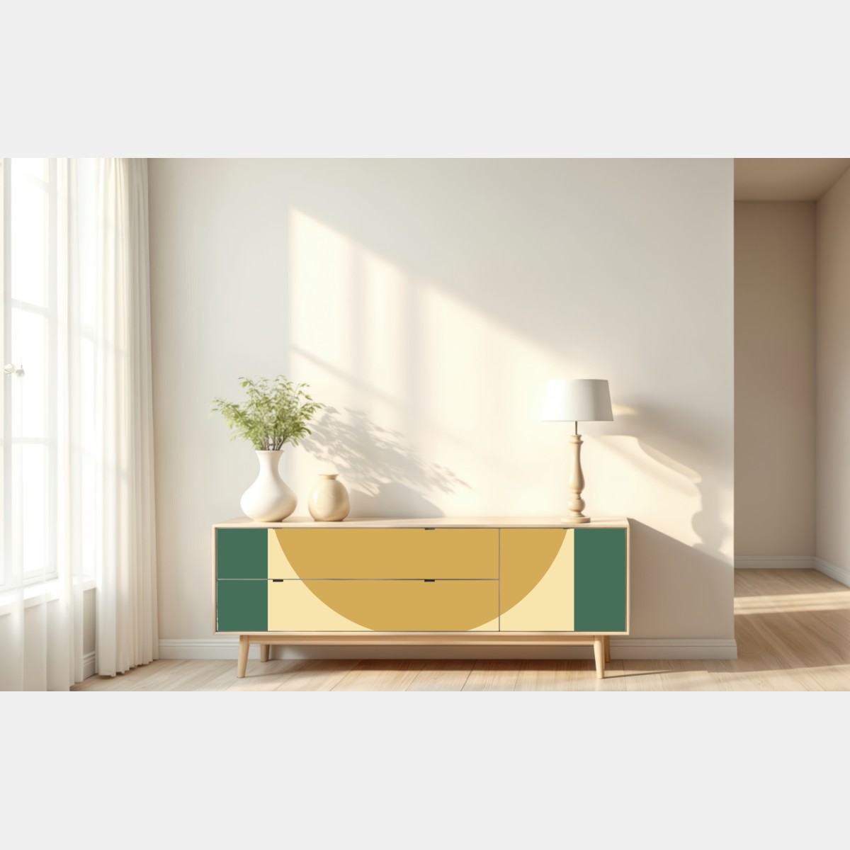 Repositionierbarer Aufkleber goldene sonne über geometrischem block – Wallnifity® Repositionierbarer Aufkleber goldene sonne über geometrischem block – Wallnifity®
