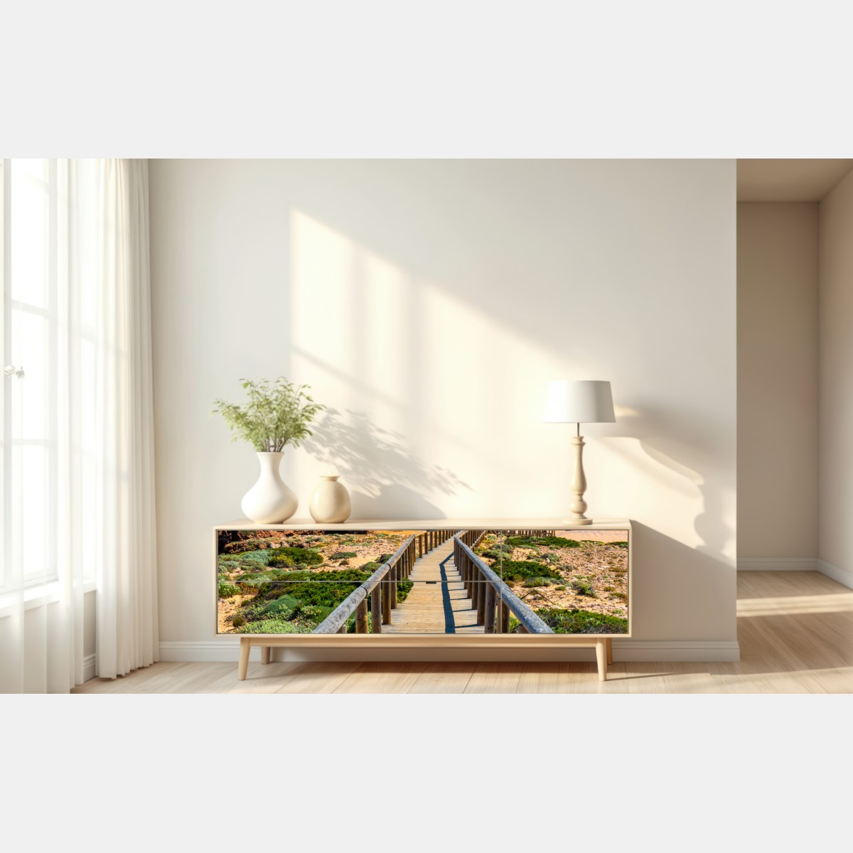 Repositionierbarer Aufkleber holzsteg zur Praia da Bordeira – Wallnifity® Repositionierbarer Aufkleber holzsteg zur Praia da Bordeira – Wallnifity®