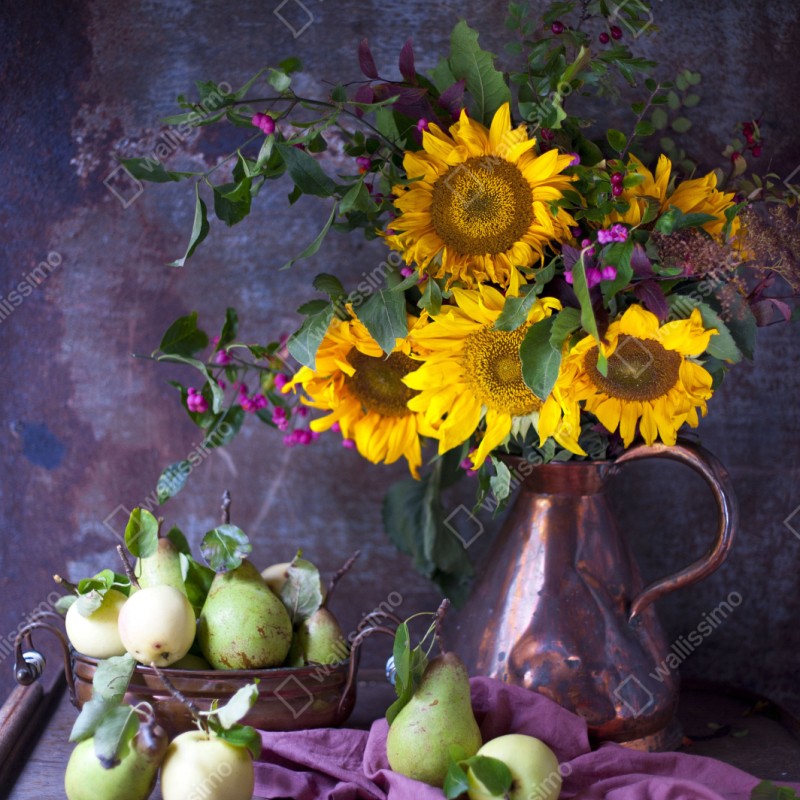 Repositionierbarer Aufkleber sonnenblumen und birnen stilleben – Wallnifity® Repositionierbarer Aufkleber sonnenblumen und birnen stilleben – Wallnifity®