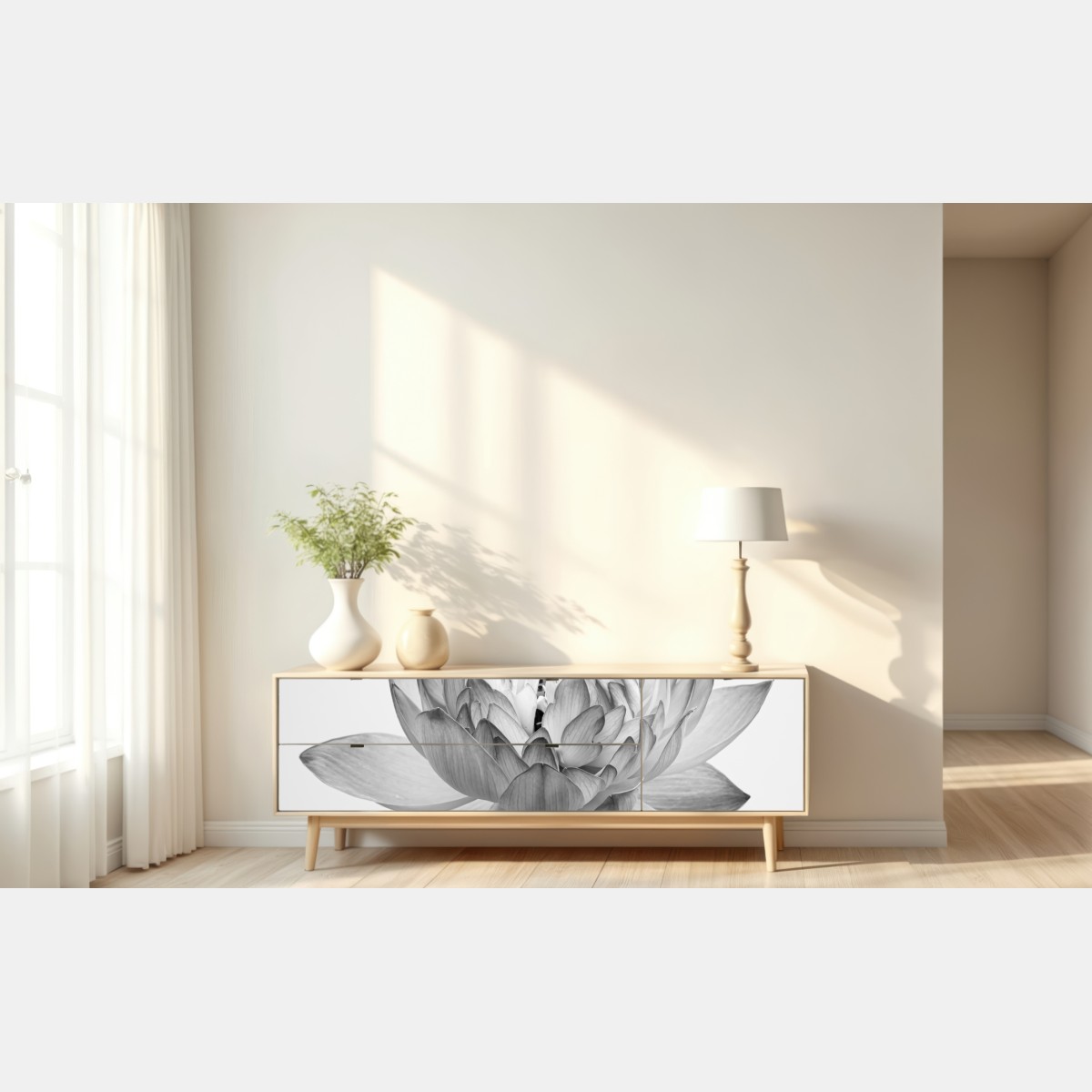 Repositionierbarer Aufkleber ruhevoller lotus in graustufen – Wallnifity® Repositionierbarer Aufkleber ruhevoller lotus in graustufen – Wallnifity®