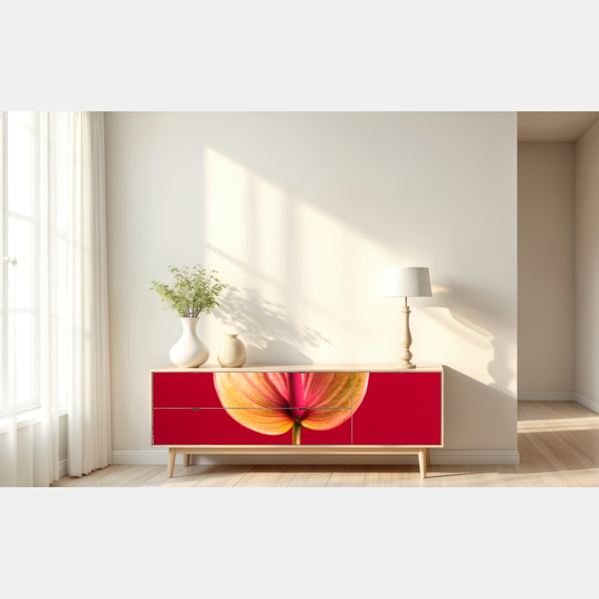 Repositionierbarer Aufkleber elegantes anthurium vor rotem hintergrund – Wallnifity® Repositionierbarer Aufkleber elegantes anthurium vor rotem hintergrund – Wallnifity®