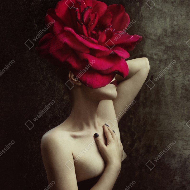 Repositionierbarer Aufkleber frau mit rosenkopf surreales blumenporträt – Wallnifity® Repositionierbarer Aufkleber frau mit rosenkopf surreales blumenporträt – Wallnifity®