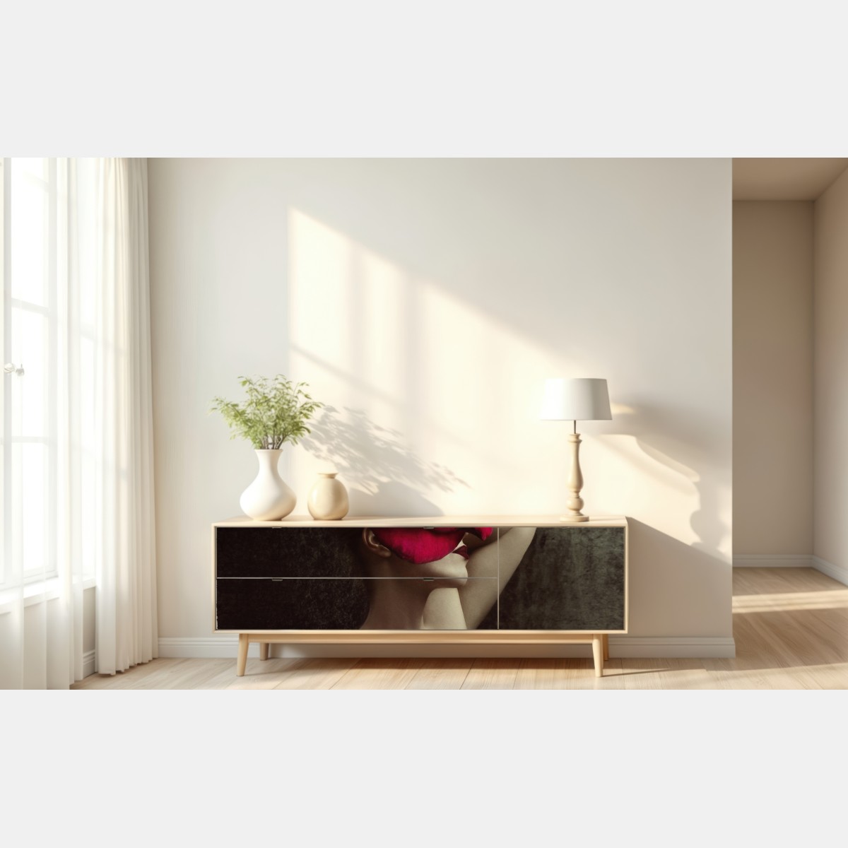 Repositionierbarer Aufkleber frau mit rosenkopf surreales blumenporträt – Wallnifity® Repositionierbarer Aufkleber frau mit rosenkopf surreales blumenporträt – Wallnifity®