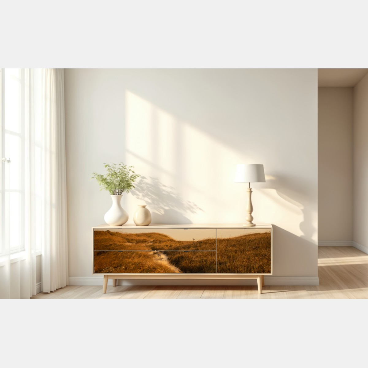 Repositionierbarer Aufkleber sonnenbeschienener weg durch die dünen – Wallnifity® Repositionierbarer Aufkleber sonnenbeschienener weg durch die dünen – Wallnifity®