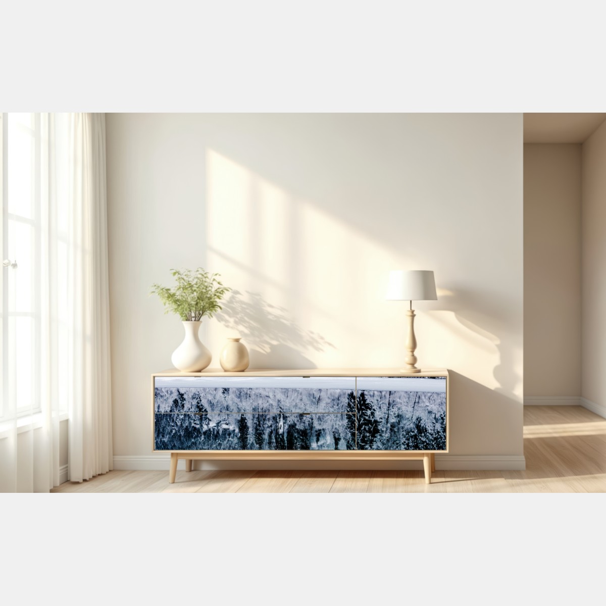 Repositionierbarer Aufkleber winterlicher see mit spiegelung im verschneiten wald – Wallnifity® Repositionierbarer Aufkleber winterlicher see mit spiegelung im verschneiten wald – Wallnifity®