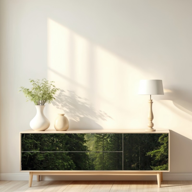 Repositionierbarer Aufkleber nebliger immergrüner wald mit wasserfall – Wallnifity® Repositionierbarer Aufkleber nebliger immergrüner wald mit wasserfall – Wallnifity®