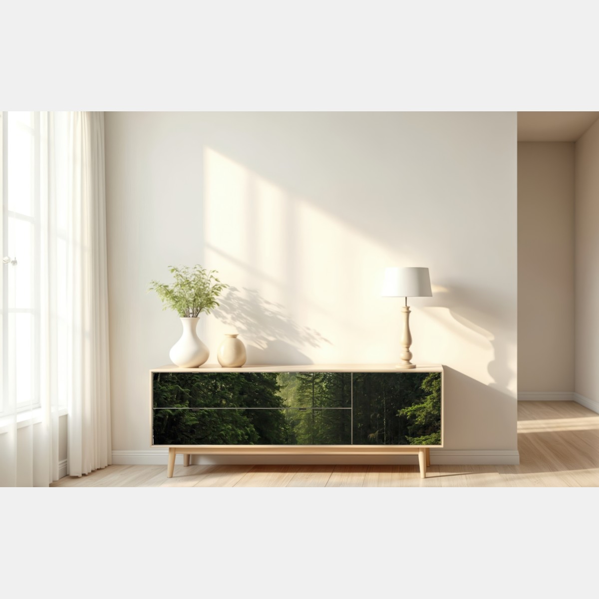 Repositionierbarer Aufkleber nebliger immergrüner wald mit wasserfall – Wallnifity® Repositionierbarer Aufkleber nebliger immergrüner wald mit wasserfall – Wallnifity®