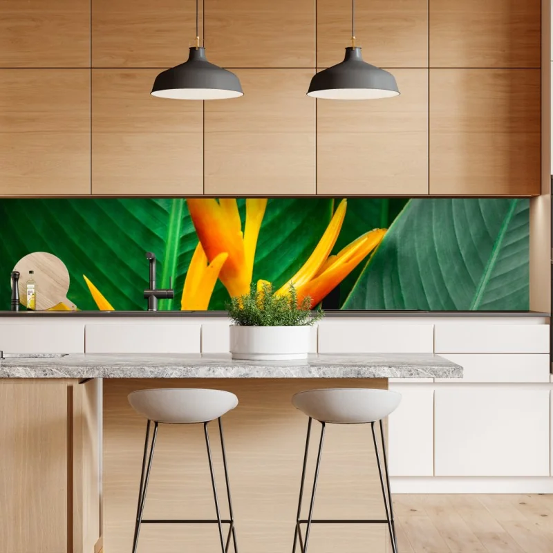 Repositionierbarer Aufkleber leuchtende heliconia vor grünen blättern – Wallnifity® Repositionierbarer Aufkleber leuchtende heliconia vor grünen blättern – Wallnifity®