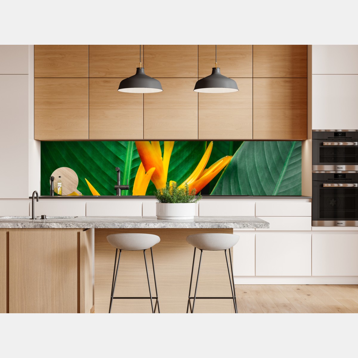 Repositionierbarer Aufkleber leuchtende heliconia vor grünen blättern – Wallnifity® Repositionierbarer Aufkleber leuchtende heliconia vor grünen blättern – Wallnifity®