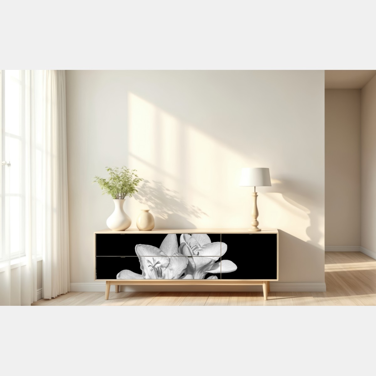 Repositionierbarer Aufkleber zarte freesie in monochrom – Wallnifity® Repositionierbarer Aufkleber zarte freesie in monochrom – Wallnifity®