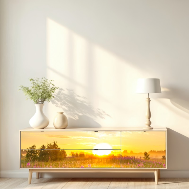Repositionierbarer Aufkleber sonnenaufgang über violetter wildblumenwiese – Wallnifity® Repositionierbarer Aufkleber sonnenaufgang über violetter wildblumenwiese – Wallnifity®