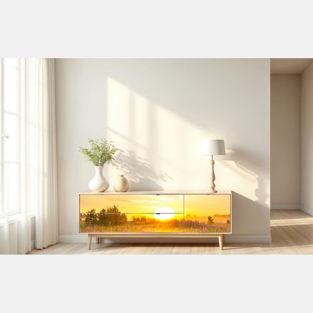 Repositionierbarer Aufkleber sonnenaufgang über violetter wildblumenwiese – Wallnifity® Repositionierbarer Aufkleber sonnenaufgang über violetter wildblumenwiese – Wallnifity®