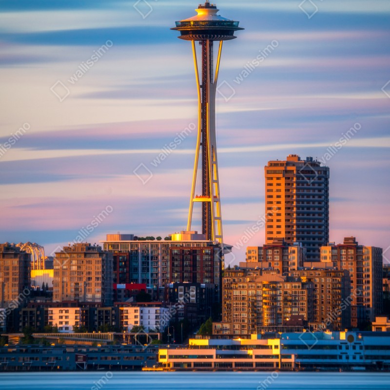 Repositionierbarer Aufkleber Seattle skyline mit dem Space Needle bei Sonnenuntergang – Wallnifity® Repositionierbarer Aufkleber Seattle skyline mit dem Space Needle bei Sonnenuntergang – Wallnifity®