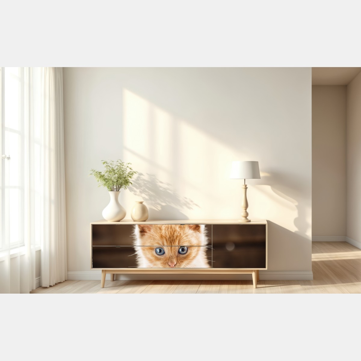 Repositionierbarer Aufkleber rötliches kätzchen in einer teetasse – Wallnifity® Repositionierbarer Aufkleber rötliches kätzchen in einer teetasse – Wallnifity®