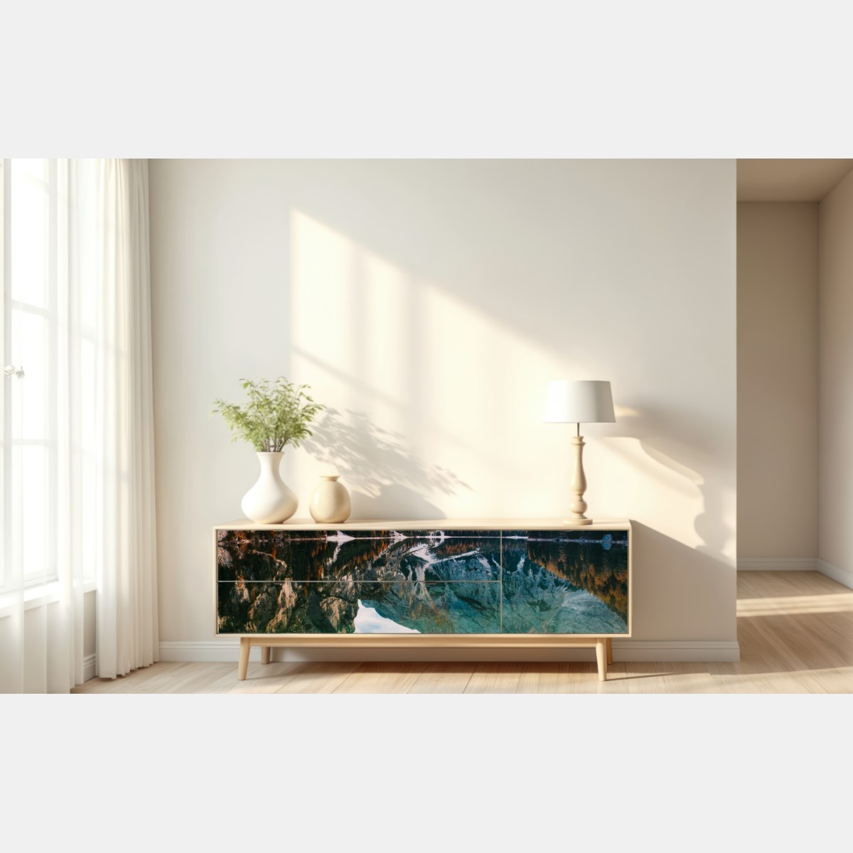 Repositionierbarer Aufkleber ruhiger alpensee mit hölzernem steg – Wallnifity® Repositionierbarer Aufkleber ruhiger alpensee mit hölzernem steg – Wallnifity®