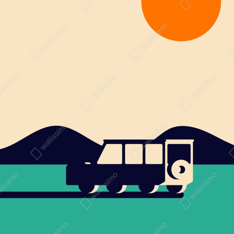 Repositionierbarer Aufkleber geometrische berglandschaft mit wohnmobil – Wallnifity® Repositionierbarer Aufkleber geometrische berglandschaft mit wohnmobil – Wallnifity®