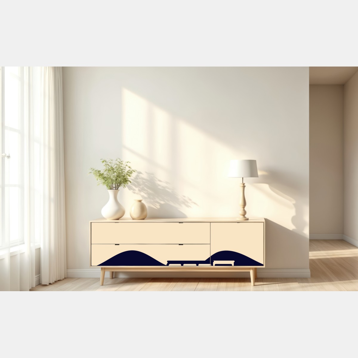 Repositionierbarer Aufkleber geometrische berglandschaft mit wohnmobil – Wallnifity® Repositionierbarer Aufkleber geometrische berglandschaft mit wohnmobil – Wallnifity®