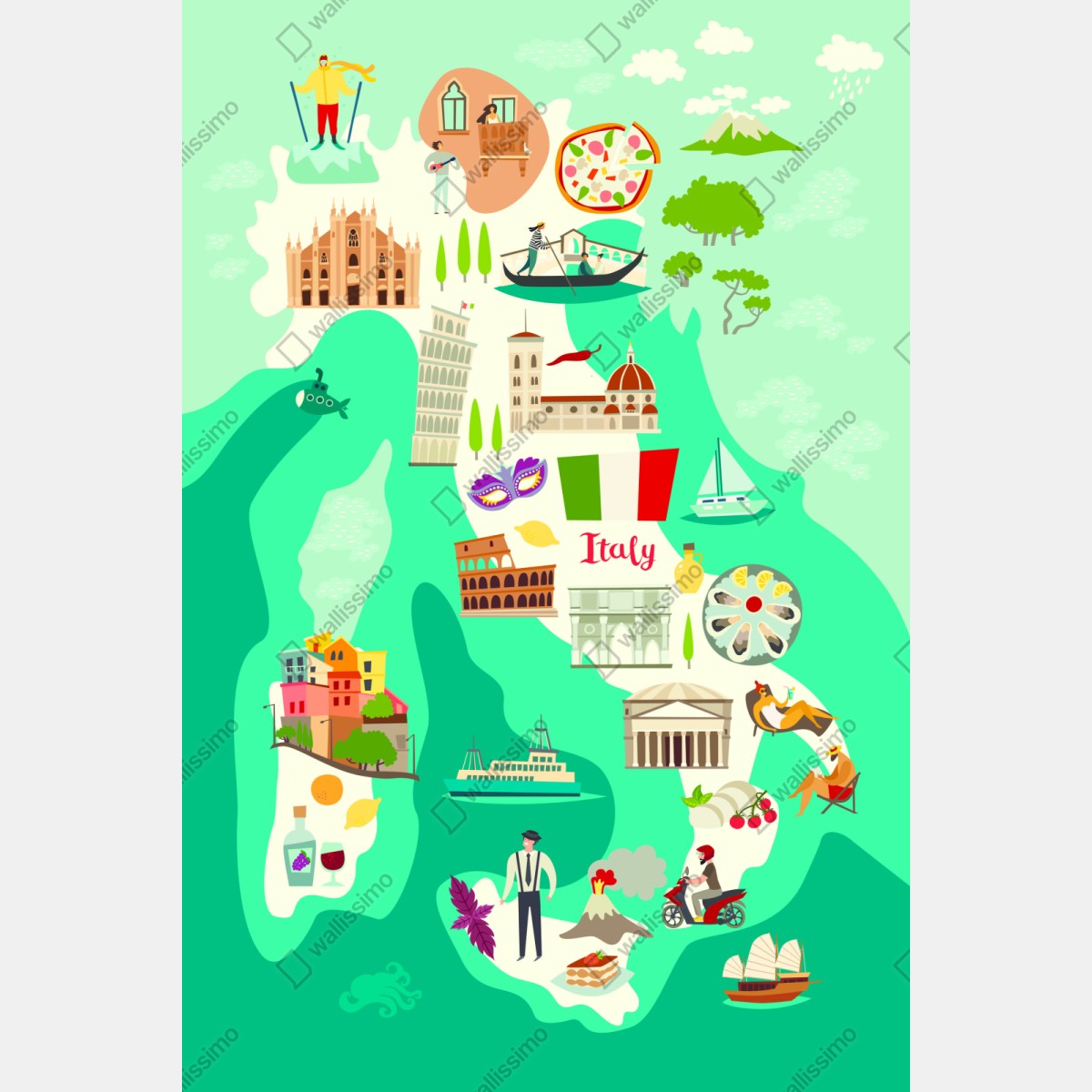 Repositionierbarer Aufkleber Italien karte mit ikonischen sehenswürdigkeiten – Wallnifity® Repositionierbarer Aufkleber Italien karte mit ikonischen sehenswürdigkeiten – Wallnifity®