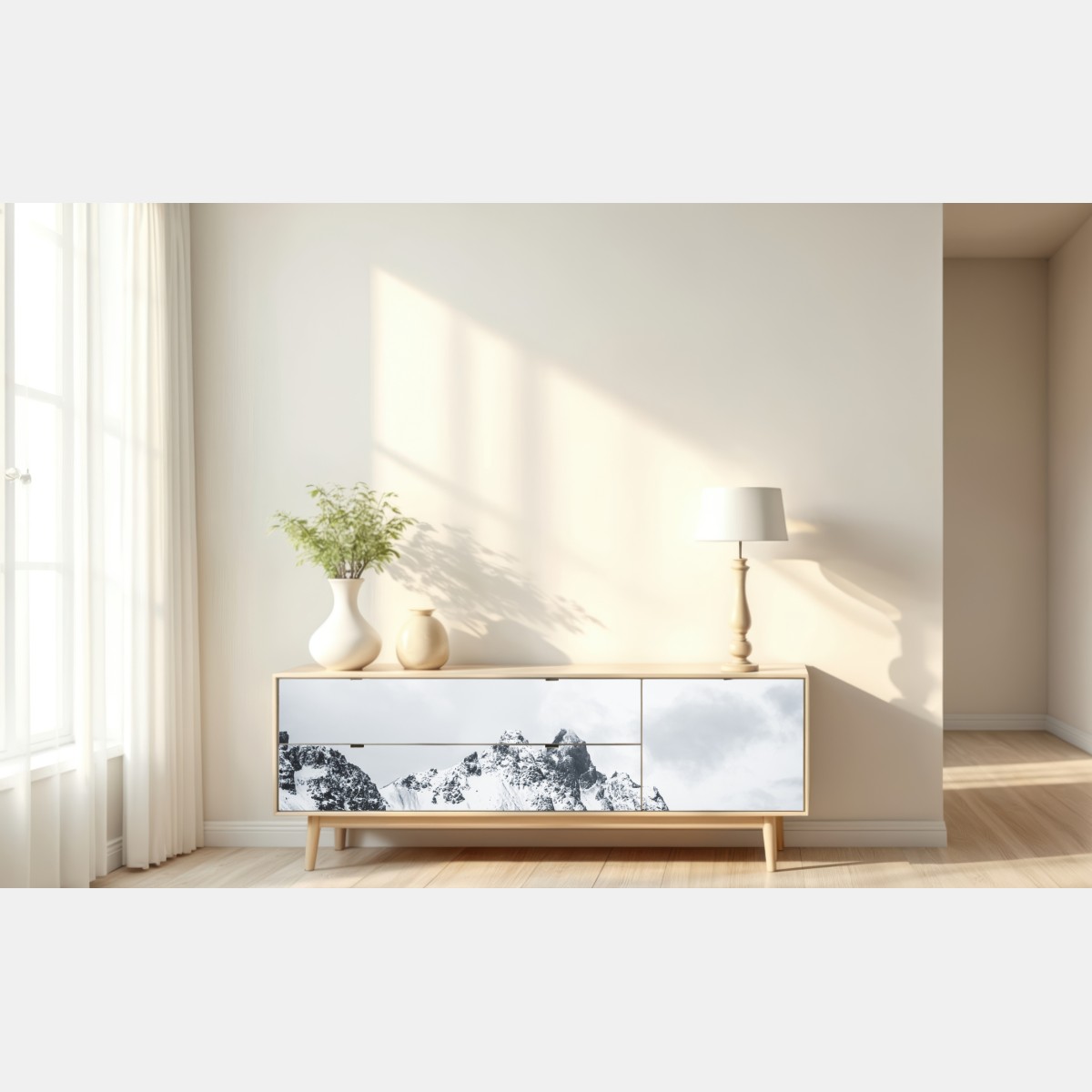 Repositionierbarer Aufkleber ruhige schneebedeckte berglandschaft am meer – Wallnifity® Repositionierbarer Aufkleber ruhige schneebedeckte berglandschaft am meer – Wallnifity®