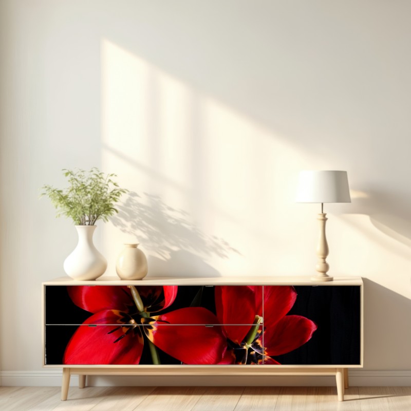 Repositionierbarer Aufkleber drei rote tulpen vor schwarzem hintergrund – Wallnifity® Repositionierbarer Aufkleber drei rote tulpen vor schwarzem hintergrund – Wallnifity®