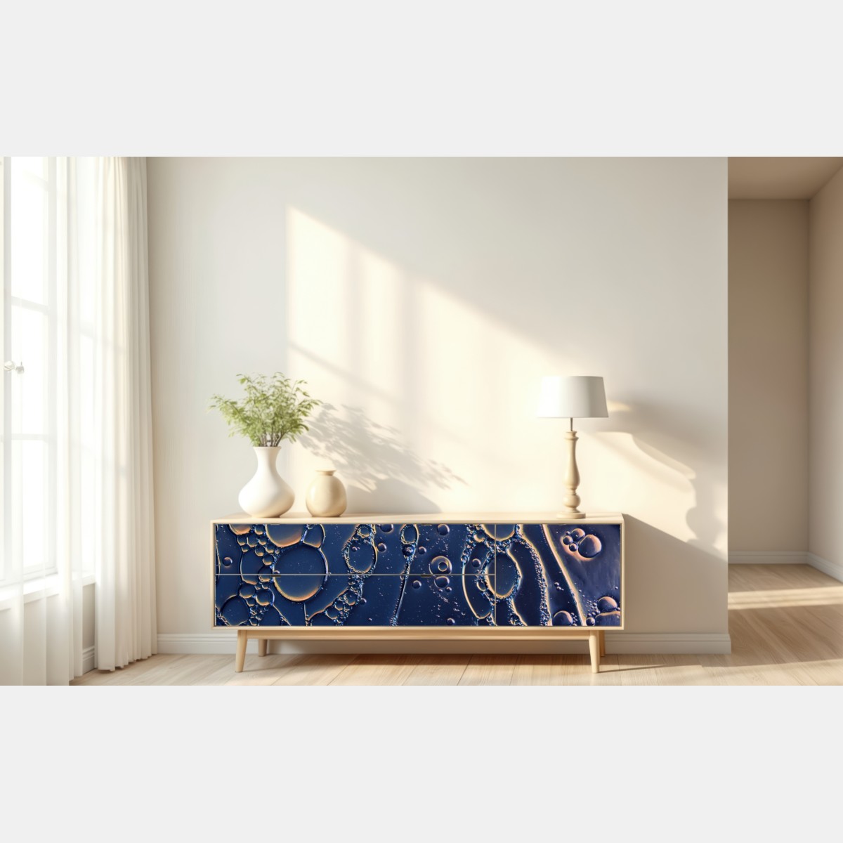 Repositionierbarer Aufkleber blaue und goldene abstrakte blasen – Wallnifity® Repositionierbarer Aufkleber blaue und goldene abstrakte blasen – Wallnifity®