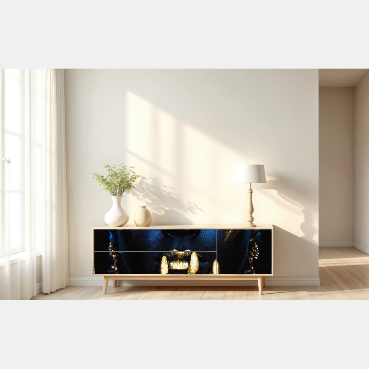 Repositionierbarer Aufkleber mystisches porträt in blau und gold – Wallnifity® Repositionierbarer Aufkleber mystisches porträt in blau und gold – Wallnifity®