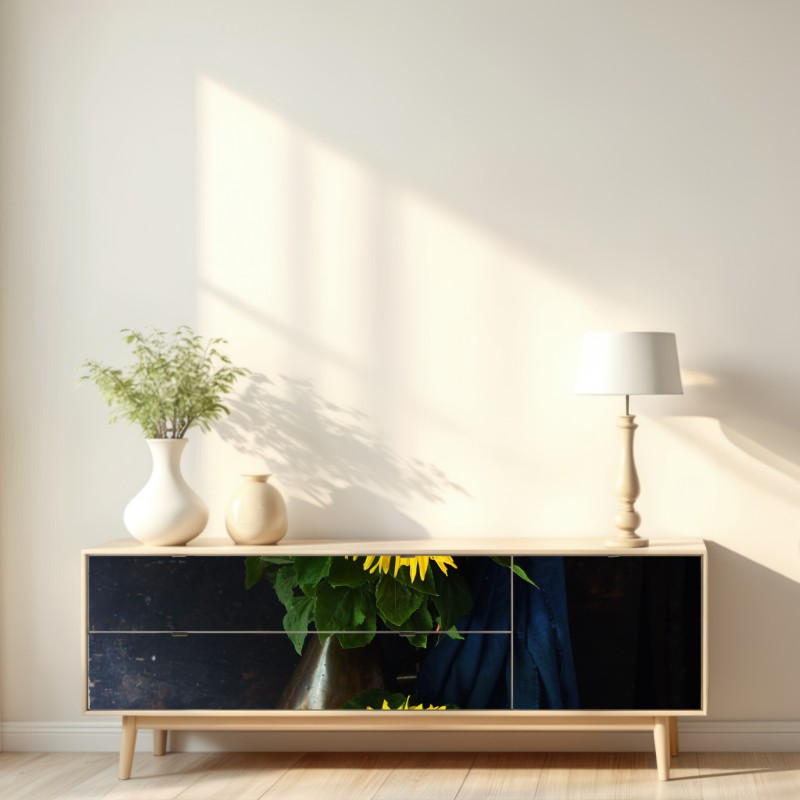 Repositionierbarer Aufkleber leuchtender sonnenblumenstrauß auf vintage-hocker – Wallnifity® Repositionierbarer Aufkleber leuchtender sonnenblumenstrauß auf vintage-hocker – Wallnifity®