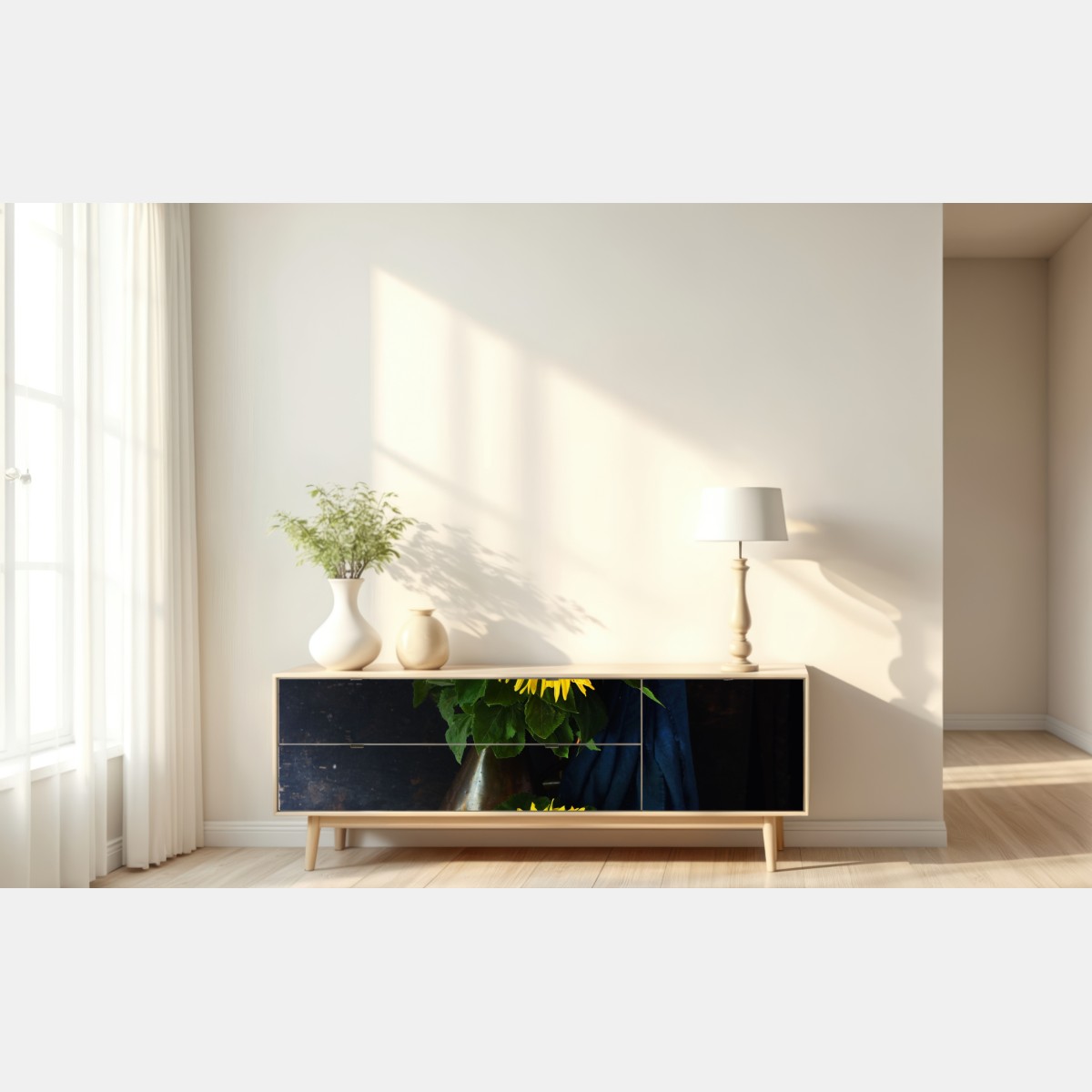 Repositionierbarer Aufkleber leuchtender sonnenblumenstrauß auf vintage-hocker – Wallnifity® Repositionierbarer Aufkleber leuchtender sonnenblumenstrauß auf vintage-hocker – Wallnifity®