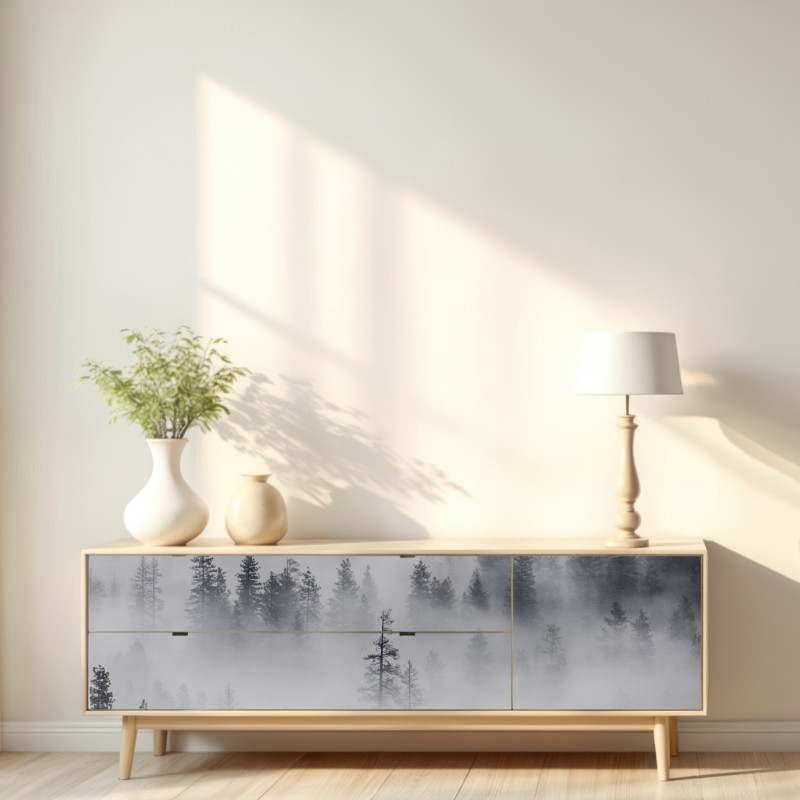 Repositionierbarer Aufkleber nebeliger kiefernwald – Wallnifity® Repositionierbarer Aufkleber nebeliger kiefernwald – Wallnifity®