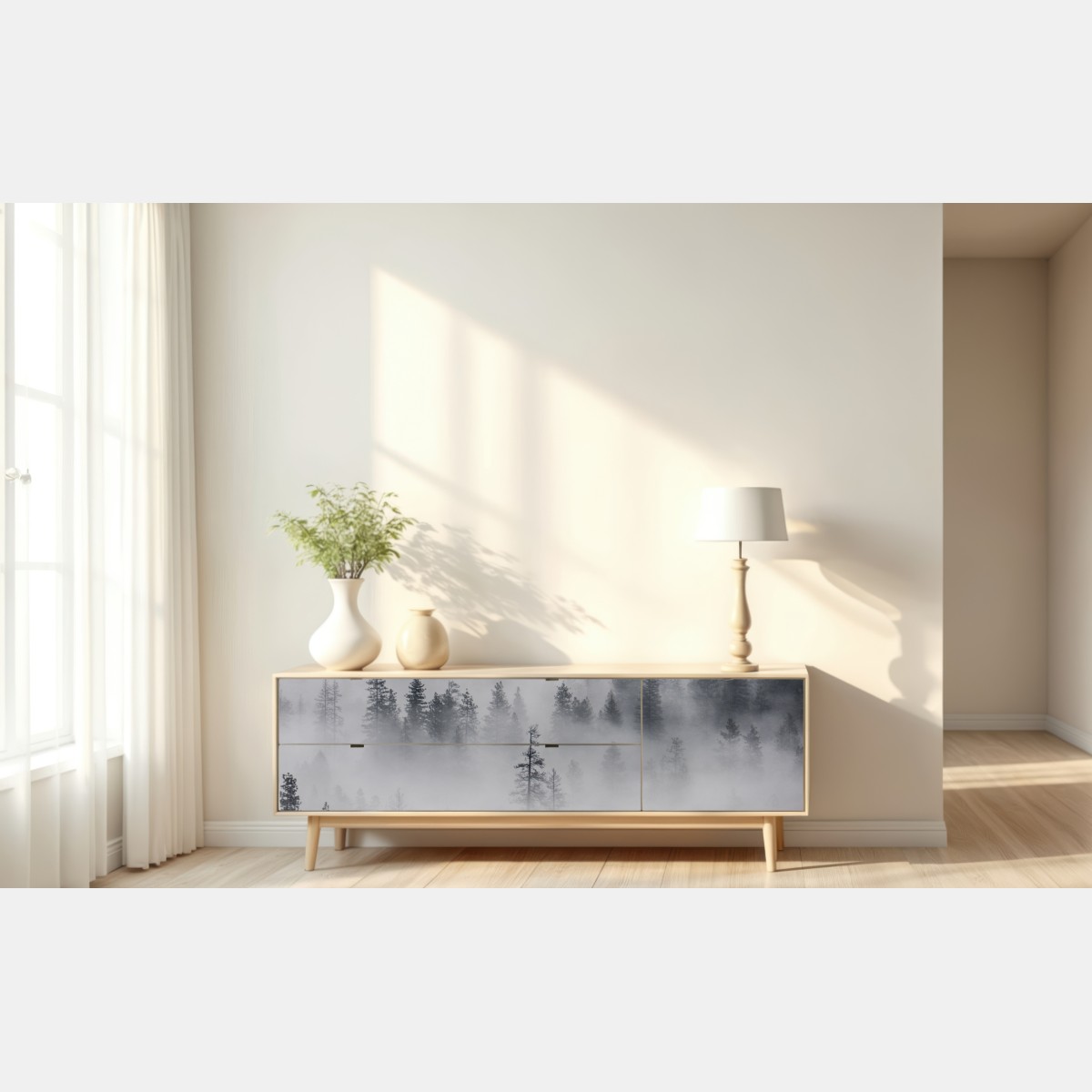 Repositionierbarer Aufkleber nebeliger kiefernwald – Wallnifity® Repositionierbarer Aufkleber nebeliger kiefernwald – Wallnifity®