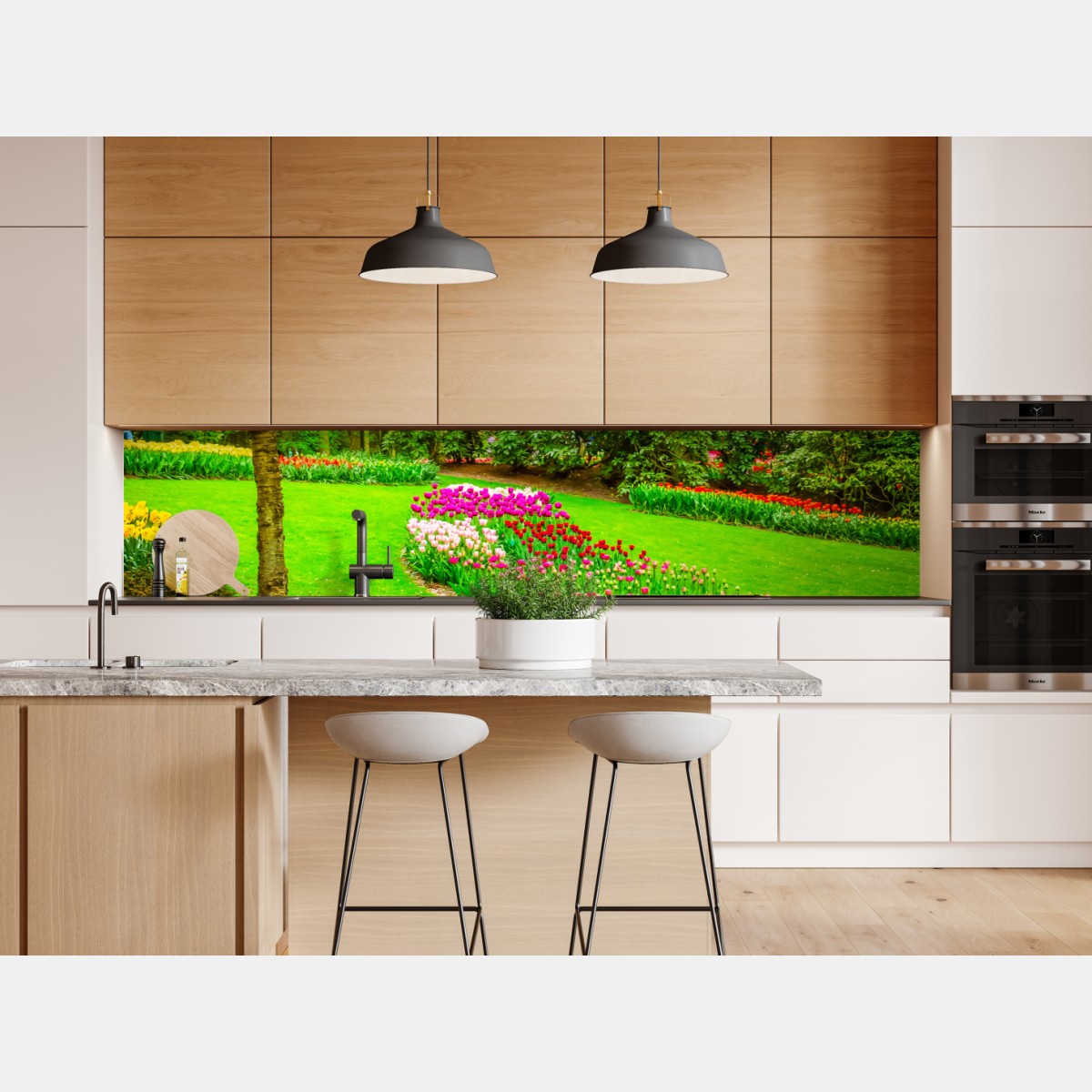 Repositionierbarer Aufkleber frühlingsgarten in blüte: tulpen und kirschblüten – Wallnifity® Repositionierbarer Aufkleber frühlingsgarten in blüte: tulpen und kirschblüten – Wallnifity®
