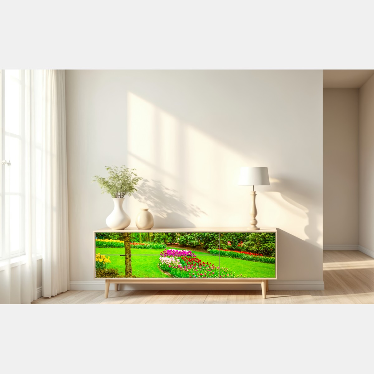 Repositionierbarer Aufkleber frühlingsgarten in blüte: tulpen und kirschblüten – Wallnifity® Repositionierbarer Aufkleber frühlingsgarten in blüte: tulpen und kirschblüten – Wallnifity®