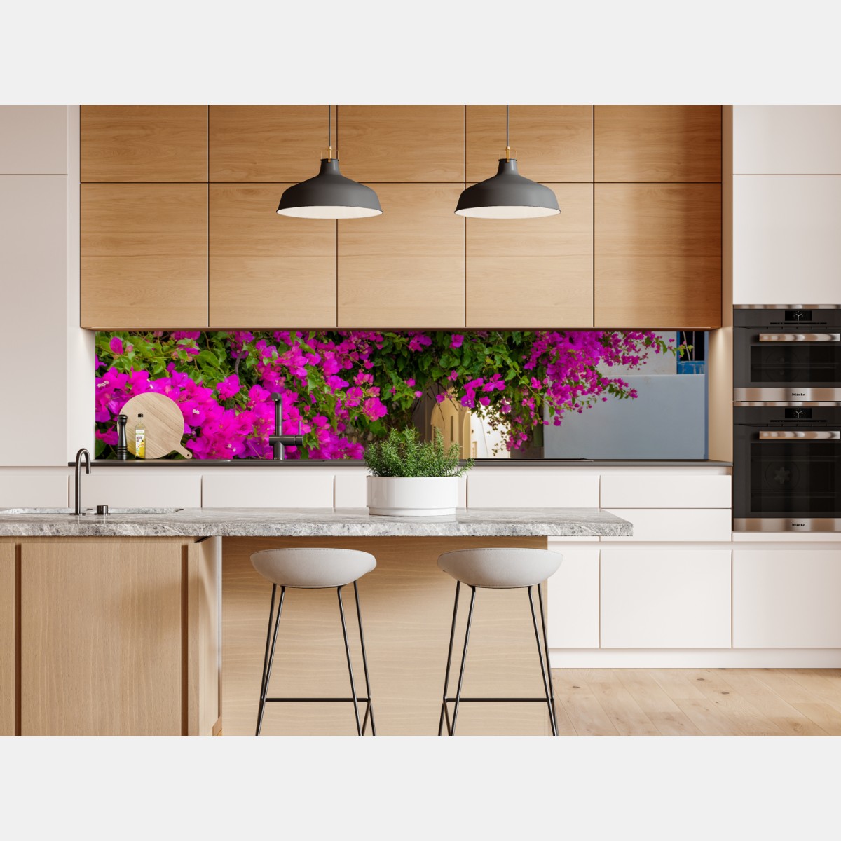 Repositionierbarer Aufkleber blühende bougainvillea in Naousa gasse – Wallnifity® Repositionierbarer Aufkleber blühende bougainvillea in Naousa gasse – Wallnifity®