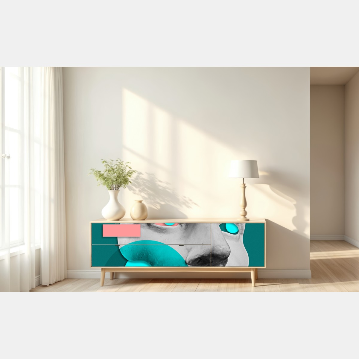 Repositionierbarer Aufkleber abstrakte klassische maske in türkis und rosa – Wallnifity® Repositionierbarer Aufkleber abstrakte klassische maske in türkis und rosa – Wallnifity®
