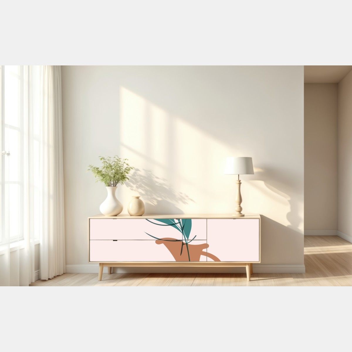Repositionierbarer Aufkleber pastell botanische vase mit blättern – Wallnifity® Repositionierbarer Aufkleber pastell botanische vase mit blättern – Wallnifity®