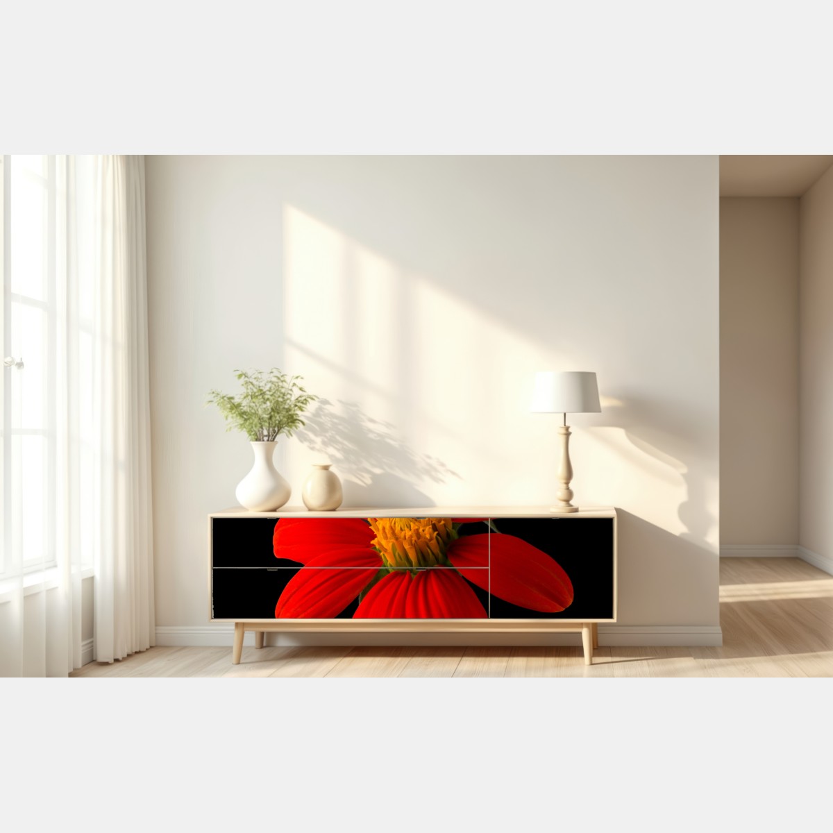 Repositionierbarer Aufkleber leuchtende mexikanische sonnenblume auf schwarzem hintergrund – Wallnifity® Repositionierbarer Aufkleber leuchtende mexikanische sonnenblume auf schwarzem hintergrund – Wallnifity®