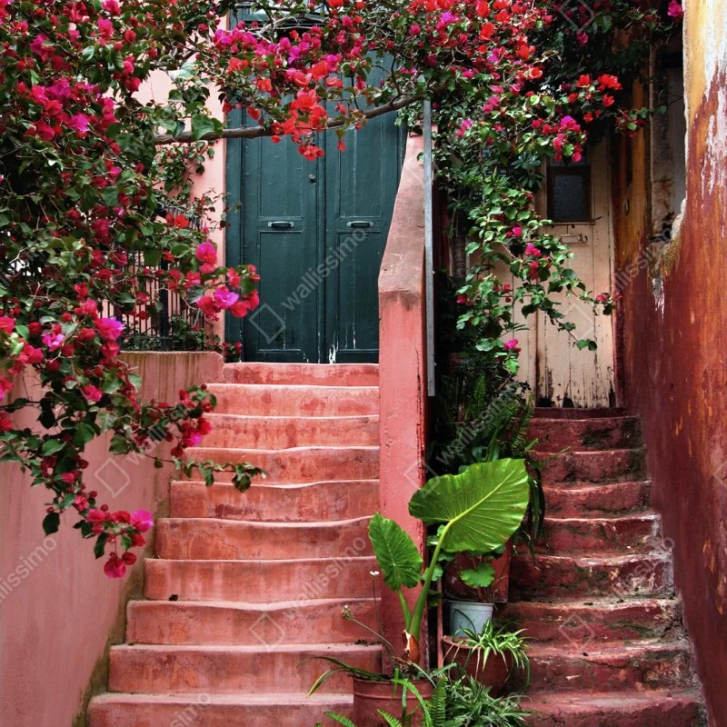 Repositionierbarer Aufkleber treppe mit bougainvillea und grünen pflanzen – Wallnifity® Repositionierbarer Aufkleber treppe mit bougainvillea und grünen pflanzen – Wallnifity®