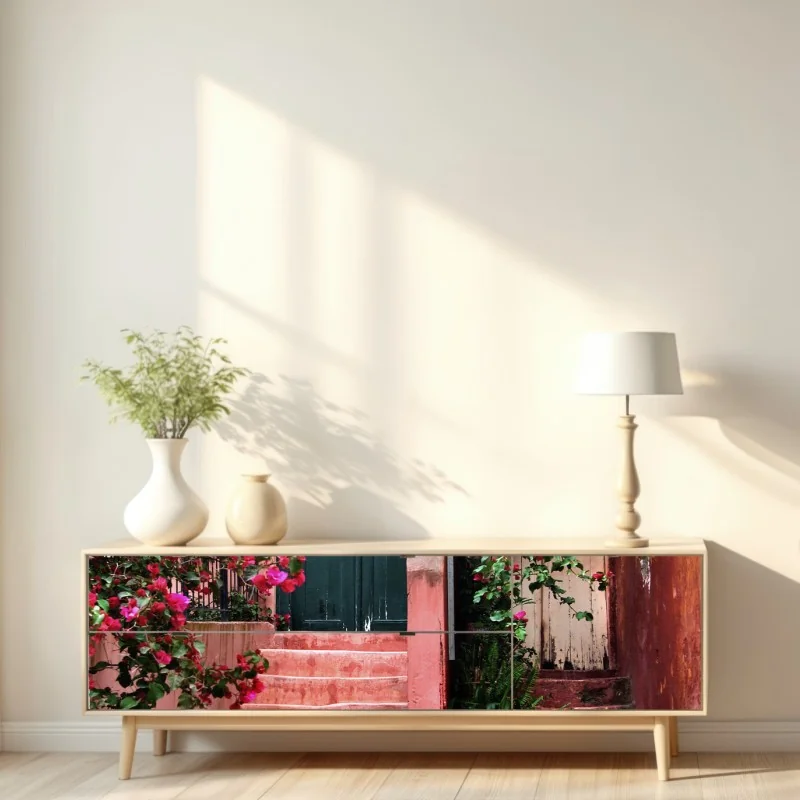 Repositionierbarer Aufkleber treppe mit bougainvillea und grünen pflanzen – Wallnifity® Repositionierbarer Aufkleber treppe mit bougainvillea und grünen pflanzen – Wallnifity®