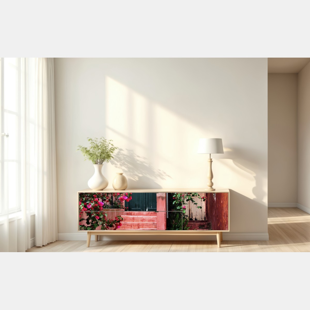 Repositionierbarer Aufkleber treppe mit bougainvillea und grünen pflanzen – Wallnifity® Repositionierbarer Aufkleber treppe mit bougainvillea und grünen pflanzen – Wallnifity®