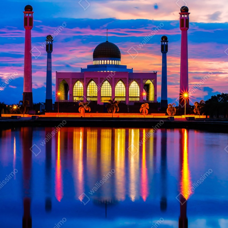 Repositionierbarer Aufkleber sonnenuntergang an der moschee in Songkhla – Wallnifity® Repositionierbarer Aufkleber sonnenuntergang an der moschee in Songkhla – Wallnifity®