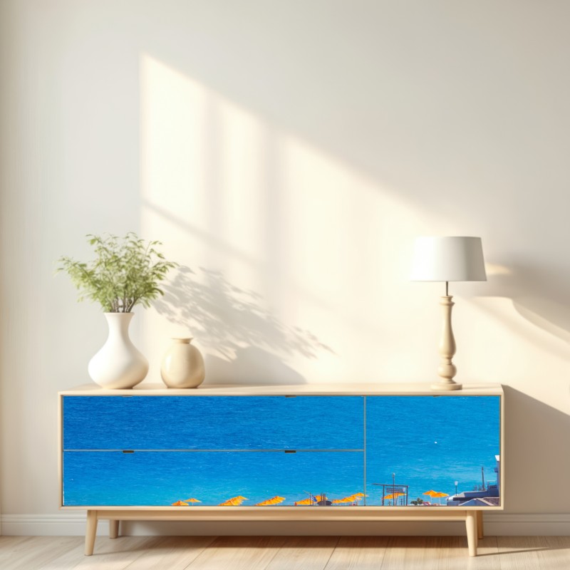 Repositionierbarer Aufkleber Rhodos strand mit bunten sonnenschirmen – Wallnifity® Repositionierbarer Aufkleber Rhodos strand mit bunten sonnenschirmen – Wallnifity®